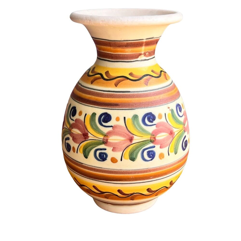 Spanish 7" Clay Vase Hand Painted Decorative Art Pottery Spain Artist Signed SEE